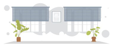 Perdeleri ve penceresi olan geniş bir oturma odası. Oda tasarımı çizgi film tarzı. Vektör illüstrasyonu