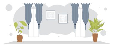 Perdeleri ve süslü bitkileri olan geniş bir oturma odası. Oda tasarımı çizgi film tarzı. Vektör illüstrasyonu