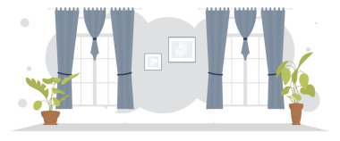 Perdeleri ve süslü bitkileri olan geniş bir oturma odası. İç mekan. Çizgi film tarzı. Vektör illüstrasyonu