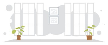 Penceresi olan geniş şık bir oda. İç mekan. Çizgi film tarzı. Vektör illüstrasyonu