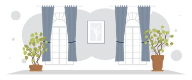 Perdeleri ve penceresi olan geniş bir oturma odası. İç mekan. Düz stil. Vektör illüstrasyonu