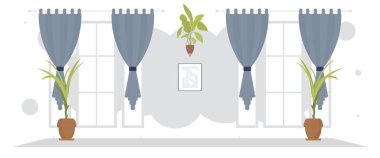 İç dekoratif bitkilerle dolu geniş bir oda. Düz stil. Vektör illüstrasyonu