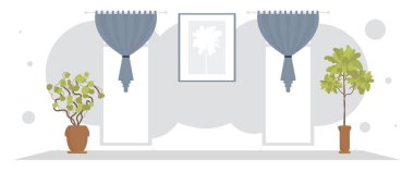 Dekoratif bitkilerle dolu geniş bir oda. Oda tasarımı. Düz stil. Vektör illüstrasyonu