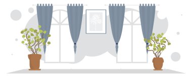 Perdeleri ve penceresi olan geniş bir oturma odası. İç mekan. Çizgi film tarzı. Vektör illüstrasyonu