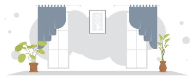 İç dekoratif bitkilerle dolu geniş bir oda. Çizgi film tarzı. Vektör illüstrasyonu