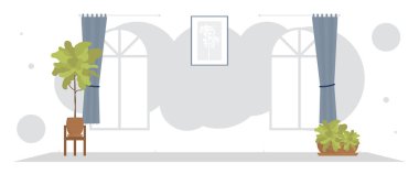 Dekoratif bitkilerle dolu geniş bir oda. Oda tasarımı çizgi film tarzı. Vektör illüstrasyonu