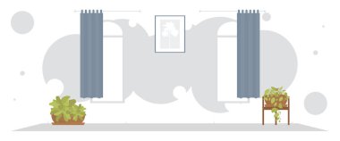 Dekoratif bitkilerle dolu geniş bir oda. Oda tasarımı. Düz stil. Vektör illüstrasyonu
