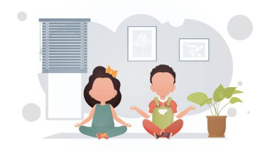 Küçük bir oğlan ve tatlı bir kız odada lotus pozisyonunda yoga yapıyorlar. Yoga. Çizgi film tarzı. Vektör illüstrasyonu