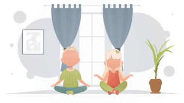 Küçük bir oğlan ve tatlı bir kız odada yoga yapıyorlar. Meditasyon. Çizgi film tarzı. Vektör illüstrasyonu