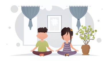 Bir erkek ve bir kız odada lotus pozisyonunda meditasyon yapıyorlar. Meditasyon. Çizgi film tarzı. Vektör illüstrasyonu