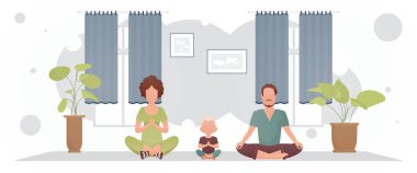 Güzel bir kızla güçlü yapılı bir adam ve küçük tatlı bir çocuk odada yoga yapıyorlar. Meditasyon. Çizgi film tarzı. Vektör illüstrasyonu