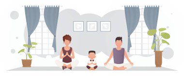 Güzel bir kızla güçlü yapılı bir adam ve tatlı küçük bir çocuk odada meditasyon yapıyorlar. Yoga. Çizgi film tarzı. Vektör illüstrasyonu
