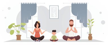 Küçük bir çocukla birlikte bir adam ve bir kadın odada nilüfer çiçeği pozisyonunda meditasyon yapıyorlar. Meditasyon. Çizgi film tarzı. Vektör illüstrasyonu