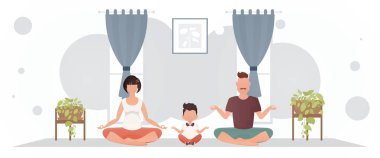 Bir adam ve bir kadın ve küçük bir çocuk odada meditasyon yapıyorlar. Meditasyon. Çizgi film tarzı. Vektör illüstrasyonu