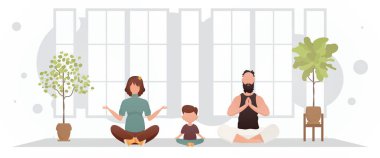 Küçük bir çocukla birlikte bir adam ve bir kadın odada lotus pozisyonunda yoga yapıyorlar. Meditasyon. Çizgi film tarzı. Vektör illüstrasyonu
