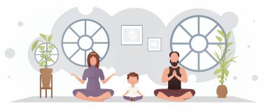 Küçük bir çocukla birlikte bir adam ve bir kadın odada yoga yapıyorlar. Yoga. Çizgi film tarzı. Vektör illüstrasyonu