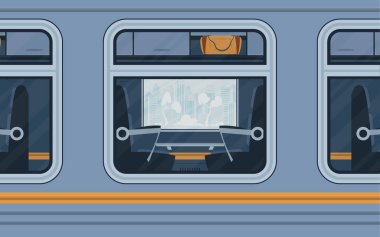 Windows Treni. Dışarıda elektrik var. Çizgi film tarzı. Düz biçim.