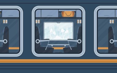 Windows Train. Rail transport is shown outside. Cartoon style. Flat style.