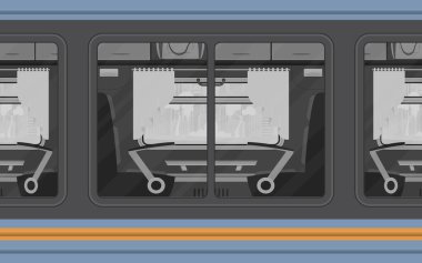 Tren kompartımanı pencereleri. Dışarıda elektrik var. Çizgi film tarzı. Düz biçim.