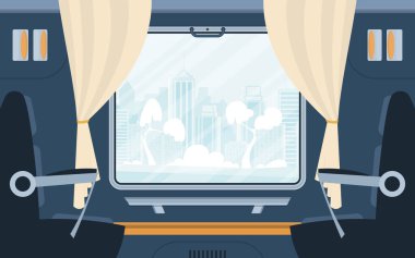 Koltuklu ve geniş pencereli bir tren kompartımanı. Demiryolu taşımacılığı. Çizgi film tarzı. Düz stil. Vektör illüstrasyonu.