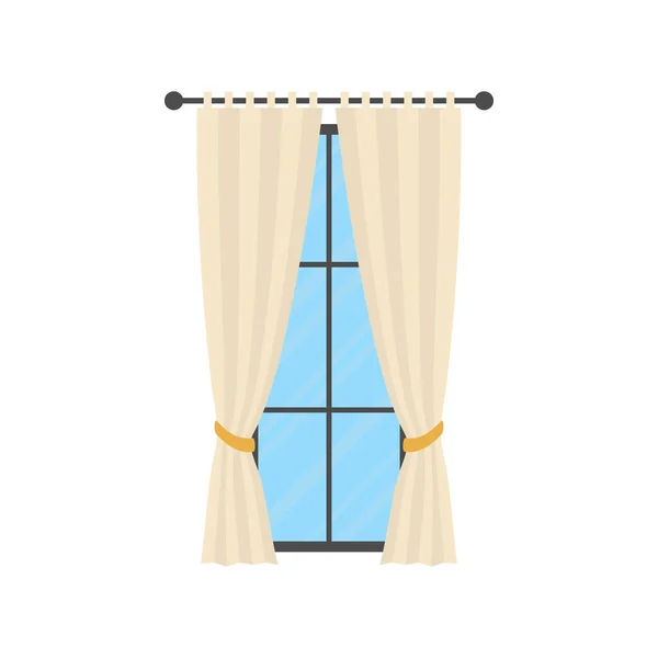 白いカーテン付きの大きな窓 孤立した漫画スタイル ベクターイラスト — ストックベクタ