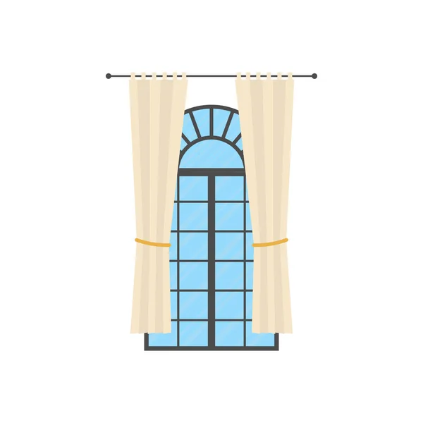カーテン付きのパノラマの窓 孤立した漫画スタイル ベクターイラスト — ストックベクタ