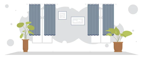 Grand Salon Avec Rideaux Plantes Intérieur Intérieur Cartoon Style Illustration — Image vectorielle