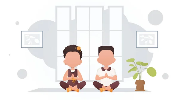 Children Meditate Room Yoga Cartoon Style Vector Illustration — Vetor de Stock