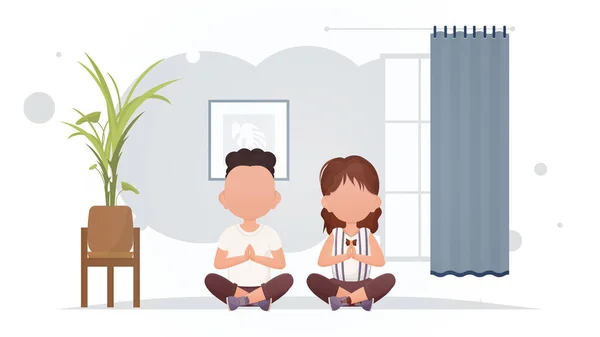 Boy Girl Sitting Lotus Position Room Yoga Cartoon Style Vector — Vetor de Stock