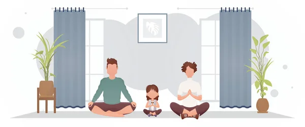 Man Woman Little Girl Sitting Lotus Position Room Yoga Cartoon — Stockový vektor