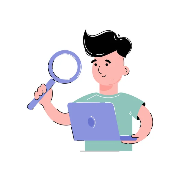 Killen Håller Ett Förstoringsglas Och Laptop Sina Händer Begreppet Informationssökning — Stock vektor