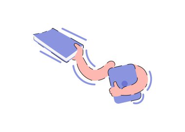 El bir kitap ve bir dizüstü bilgisayar tutuyor. Sunumlar, uygulamalar ve siteler için unsur. Moda düz vektör illüstrasyonu.