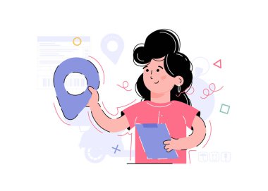 Kızın elinde navigasyon, konum tespiti var. Sunumların, uygulamaların ve web sitelerinin tasarımı için bir unsur. Trend çizimi. Vektör illüstrasyonu