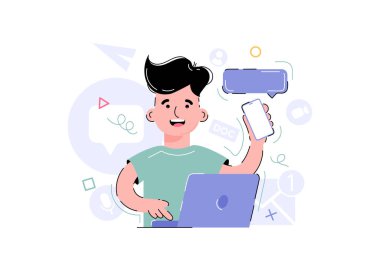 Çocuğun elinde bir telefon ve dizüstü bilgisayar var. Sunumların, uygulamaların ve web sitelerinin tasarımı için bir unsur. Trend çizimi. Vektör illüstrasyonu