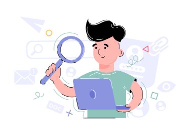 Çocuk elinde bir büyüteç ve dizüstü bilgisayar tutuyor. Sunumların, uygulamaların ve web sitelerinin tasarımı için bir unsur. Trend çizimi. Vektör illüstrasyonu