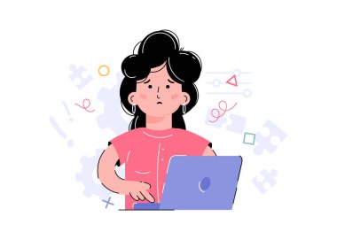 Kafası karışmış kız bilgisayarda çalışıyor. Sunumların, uygulamaların ve web sitelerinin tasarımı için bir unsur. Trend çizimi. Vektör illüstrasyonu