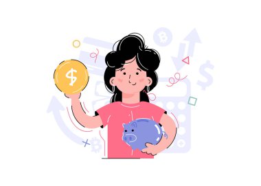 Gülümseyen bir kızın elinde kumbara ve bozuk para var. Sunumların, uygulamaların ve web sitelerinin tasarımı için bir unsur. trend çizimi. Vektör illüstrasyonu