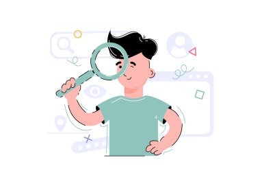 Çocuk bir büyüteç tutuyor. Sunumların, uygulamaların ve web sitelerinin tasarımı için bir unsur. Trend çizimi. Vektör illüstrasyonu