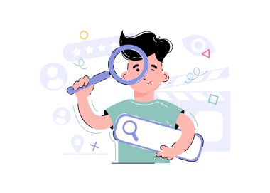 Çocuk elinde bir büyüteç ve elinde bir web hattı tutuyor. Sunumların, uygulamaların ve web sitelerinin tasarımı için bir unsur. Trend çizimi. Vektör illüstrasyonu