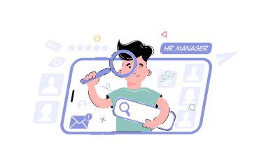 Topic Acruiter, İnsan Kaynakları müdürü. Çocuk elinde bir büyüteç ve elinde internet arama çubuğu tutarak arama yapıyor..