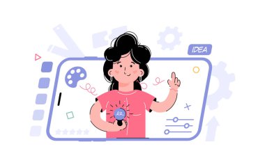 Tema fikirleri, yenilik. Kızın elinde bir ampul var. Sunumların, uygulamaların ve web sitelerinin tasarımı için bir unsur. Eğilim illüstrasyonu.