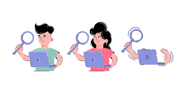 Establezca el tema de la búsqueda. Una niña y un niño están sosteniendo una lupa y una computadora, un portátil en sus manos. — Vector de stock