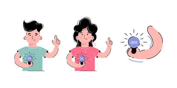 Enfoque en el tema de la innovación, ideas. Una niña y un niño están sosteniendo una bombilla en sus manos. — Vector de stock