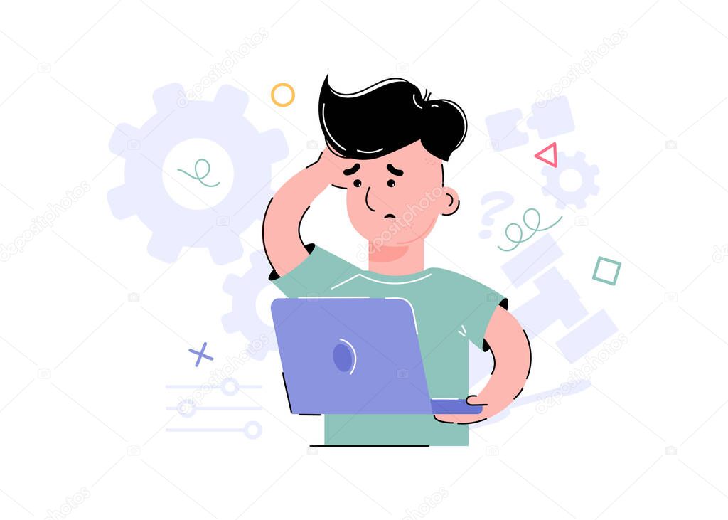 Confused boy holding a computer, laptop in his hands. Element for the design of presentations, applications and websites. Trend illustration. Vector illustration