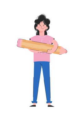 Kız elinde bir kurşun kalem tutuyor. Beyaz arka planda izole edilmiş. Uygulamalar, sunumlar ve web siteleri için iyi. Vektör.