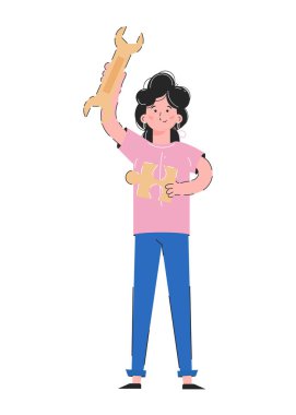 Kız elinde bir ingiliz anahtarı ve yapboz tutuyor. Beyaz arka planda izole edilmiş. Uygulamalar, sunumlar ve web siteleri için iyi. Vektör.