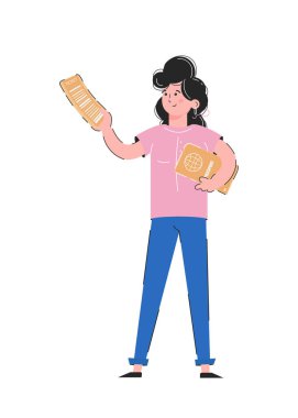 Kızın elinde bir bilet ve pasaport var. Seyahat konsepti. Beyaz arka planda izole edilmiş. Moda vektörü.