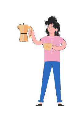 Kız elinde bir kahve makinesi ve bir fincan tutuyor. Sabah kahvesi içme kavramı. Beyaz arka planda izole edilmiş. Moda vektörü.