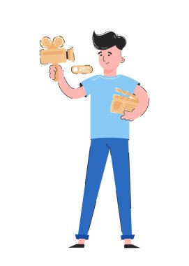 Adam elinde bir kamera ve film klasörü tutuyor. Blog konsepti. Beyaz arka planda izole edilmiş. Moda vektörü