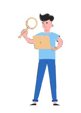 Adam elinde bir büyüteç ve dizüstü bilgisayar tutuyor. Bilgi arama konsepti. Beyaz arka planda izole edilmiş. Moda vektörü